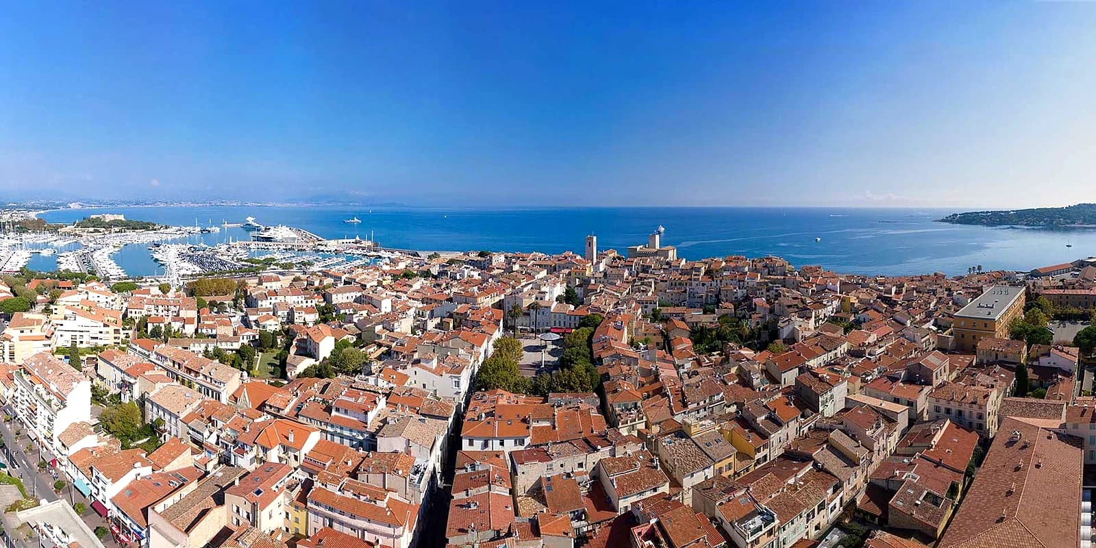 Old Antibes and Port Vauban seen from above, the ramparts along the sea