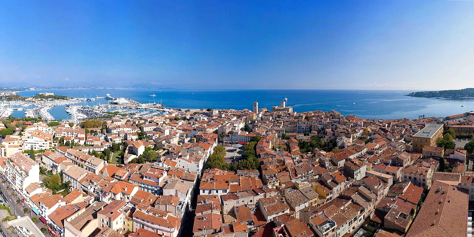 Old Antibes and Port Vauban seen from above, the ramparts along the sea