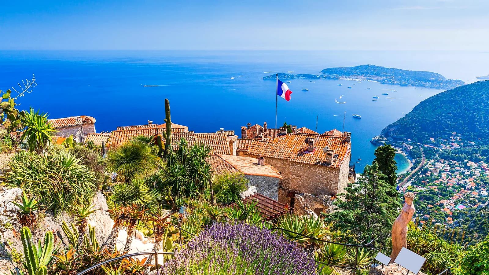 The village of Èze above its exotic garden, the Mediterranean and Cap Ferrat in the distance