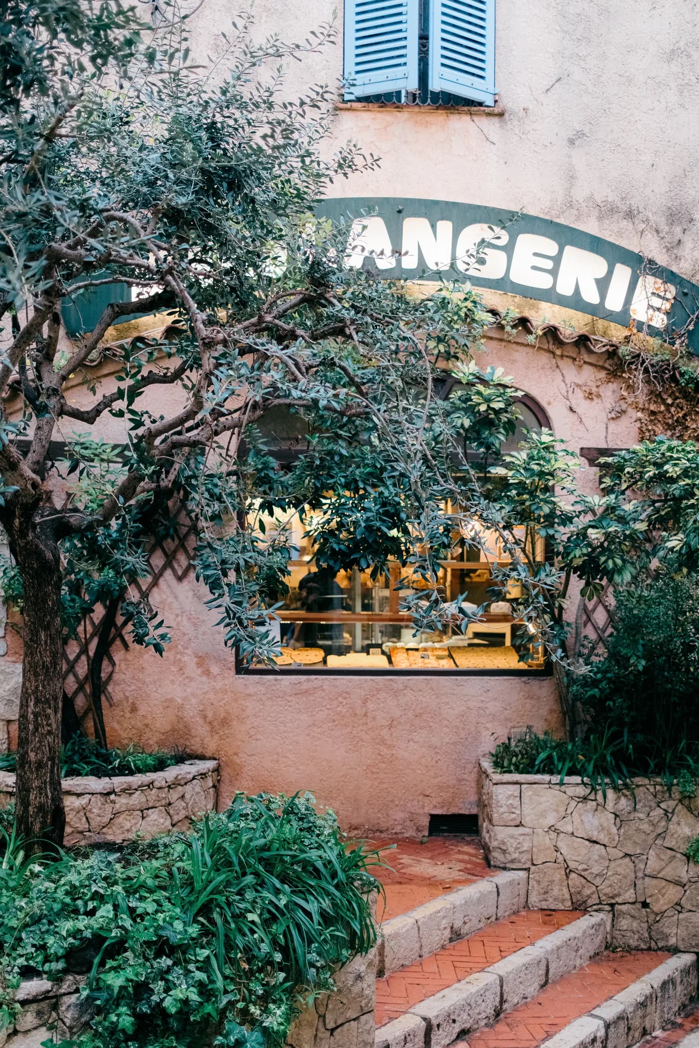 The Veziano bakery in Old Antibes: stone steps, an olive tree and a window full of fresh bread