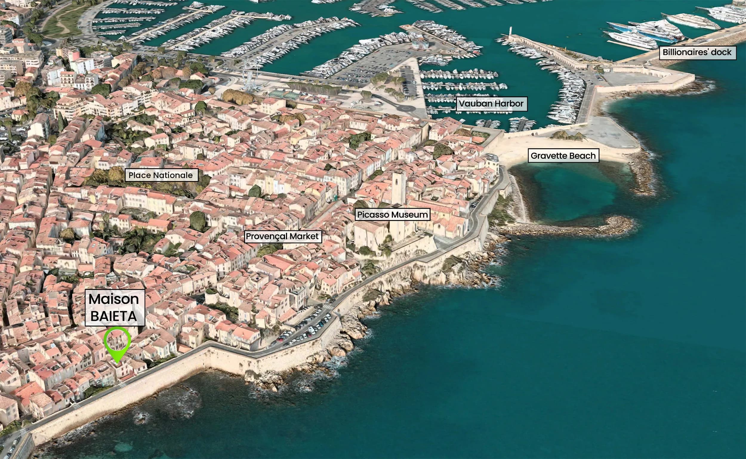 Aerial view of Old Antibes showing Maison Baieta near the ramparts, with Place Nationale, the Provençal Market, the Picasso Museum, Gravette Beach, Vauban Harbor and the Billionaires' dock.