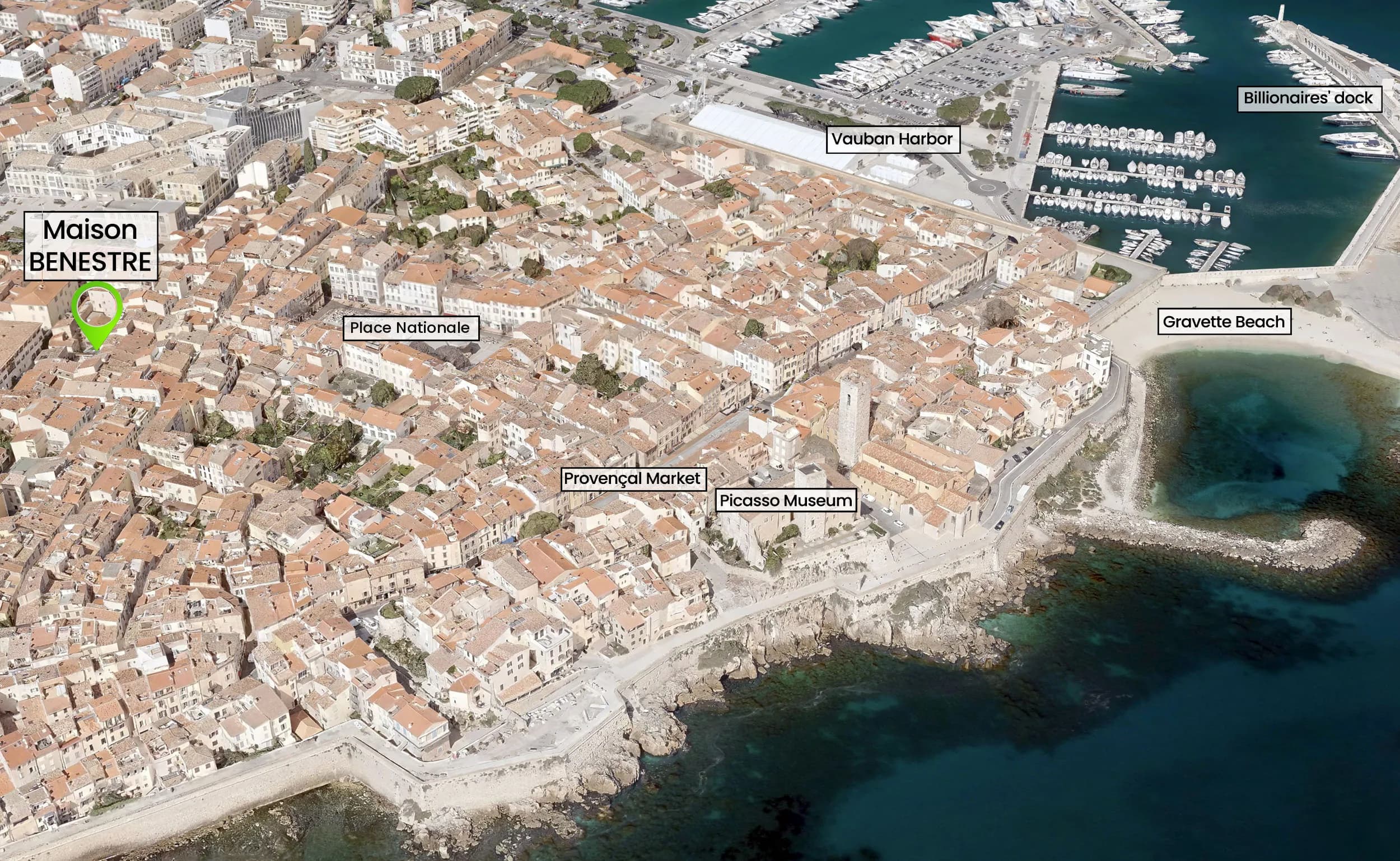 Aerial view of Old Antibes showing Maison BenEstre near Place Nationale, with the Provençal Market, the Picasso Museum, Gravette Beach, Vauban Harbor and the Billionaires' dock.