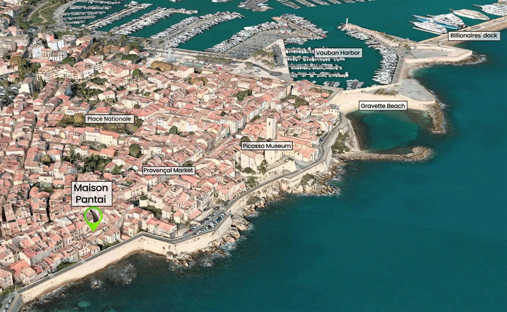 Aerial view of Old Antibes showing Maison Pantai near the ramparts, with Place Nationale, the Provençal Market, the Picasso Museum, Gravette Beach, Vauban Harbor and the Billionaires' dock.