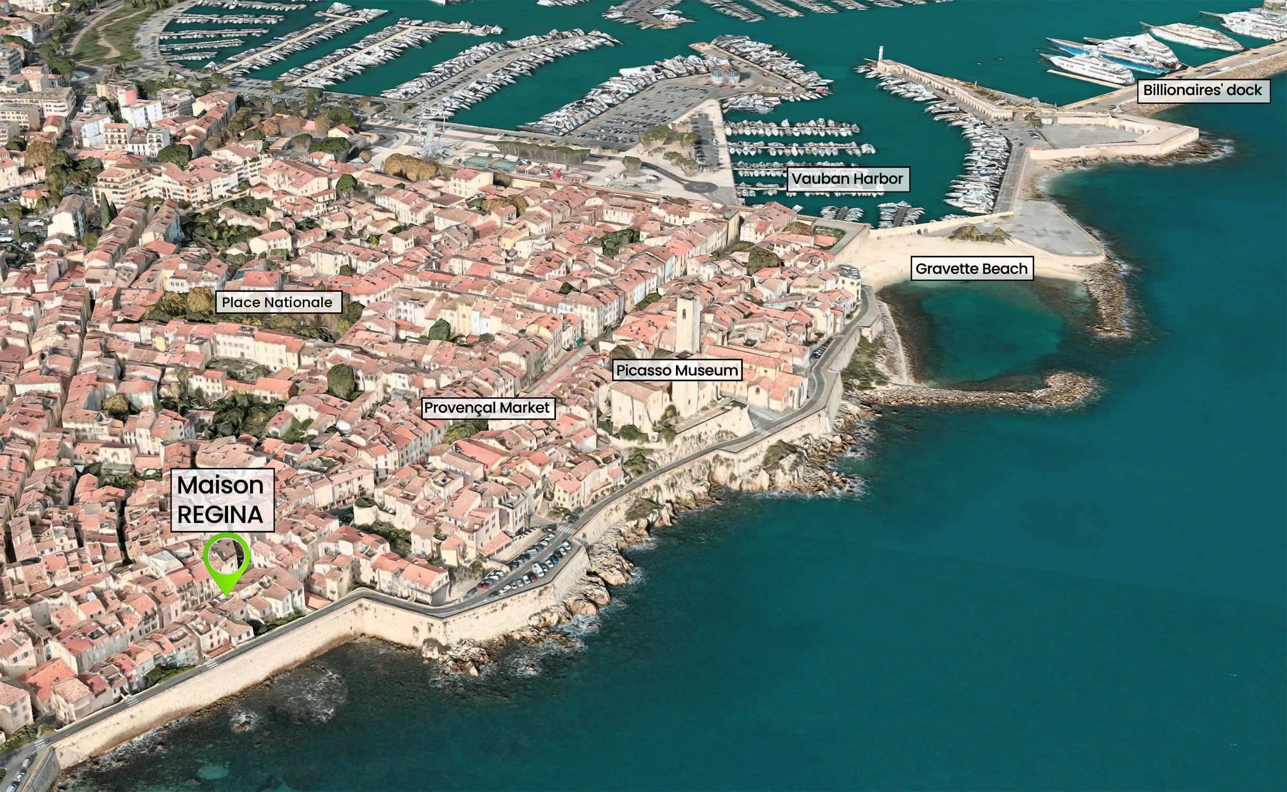 Aerial view of Old Antibes showing Maison Regina near the ramparts, with Place Nationale, the Provençal Market, the Picasso Museum, Gravette Beach, Vauban Harbor and the Billionaires' dock.