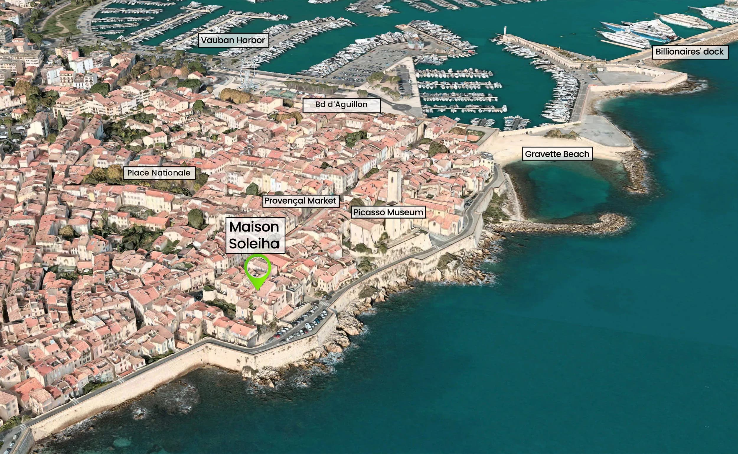 Aerial view of Old Antibes showing Maison Soleiha near the ramparts, with the Provençal Market, the Picasso Museum, Place Nationale, Boulevard d'Aguillon, Gravette Beach, Vauban Harbor and the Billionaires' dock.